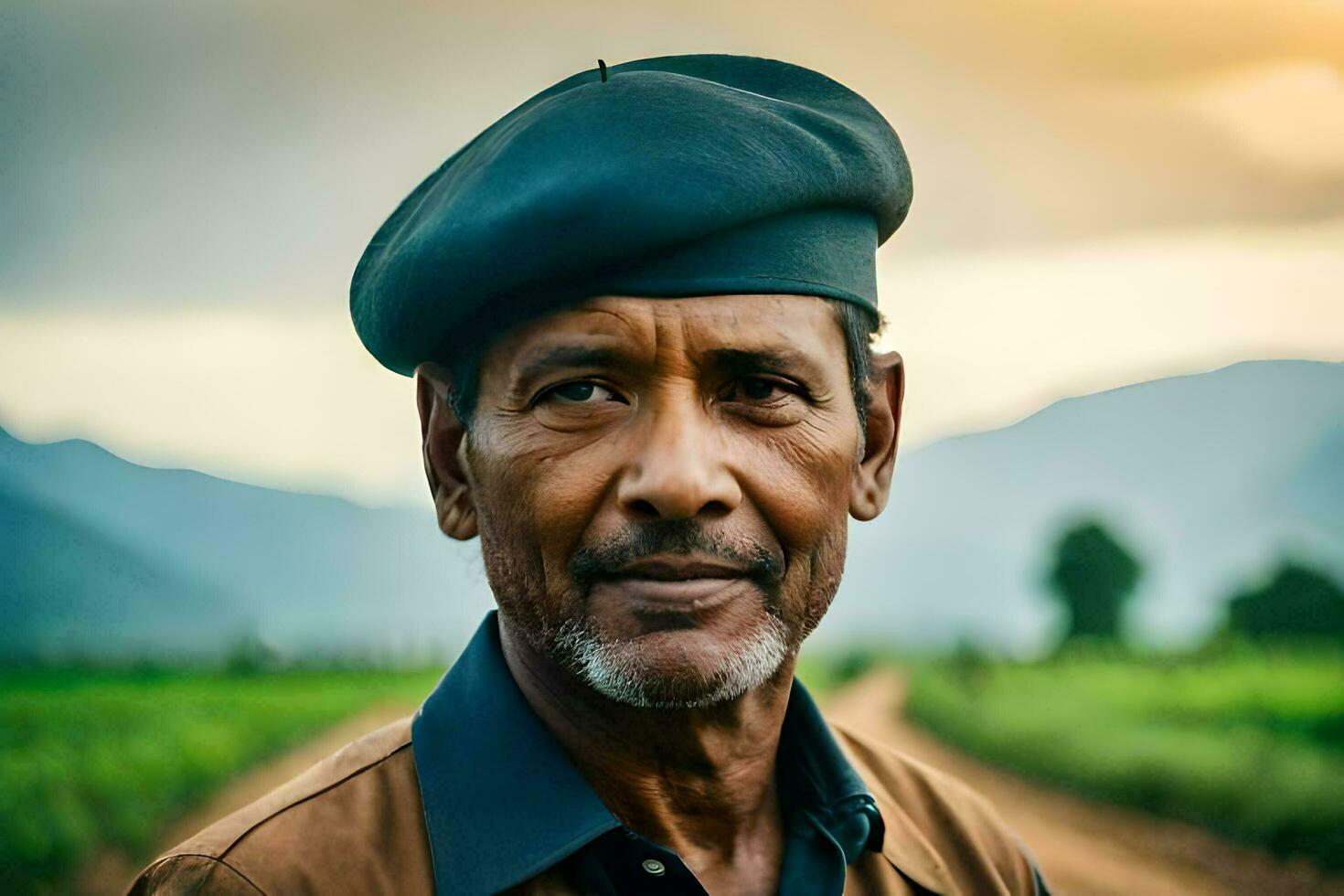 une homme dans une béret permanent dans une champ. généré par ai photo