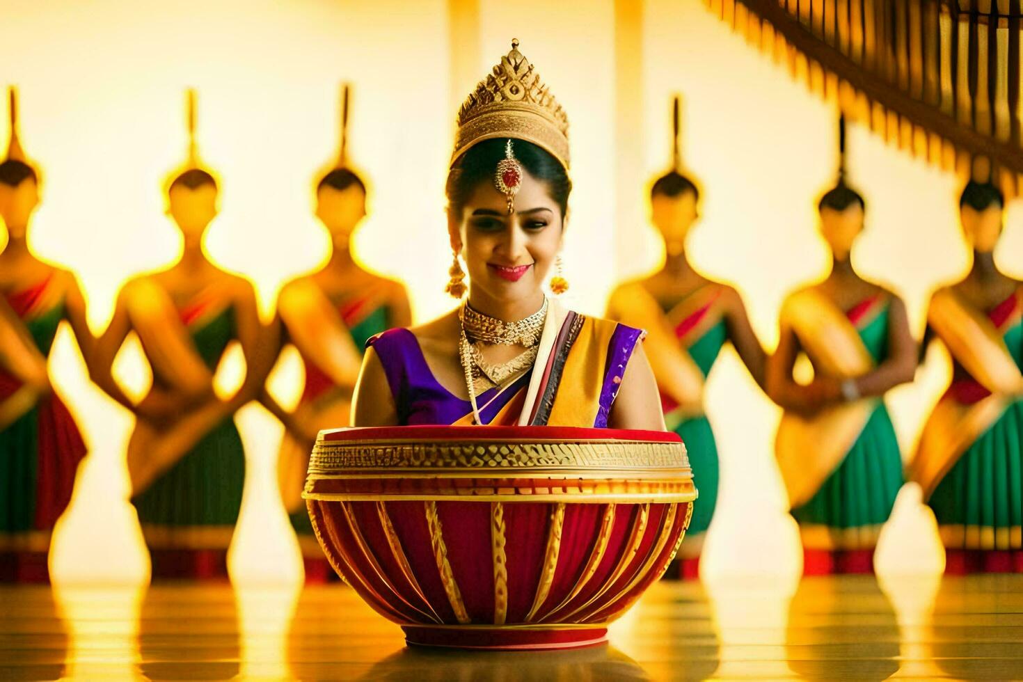 une femme dans traditionnel robe est en portant une bol. généré par ai photo