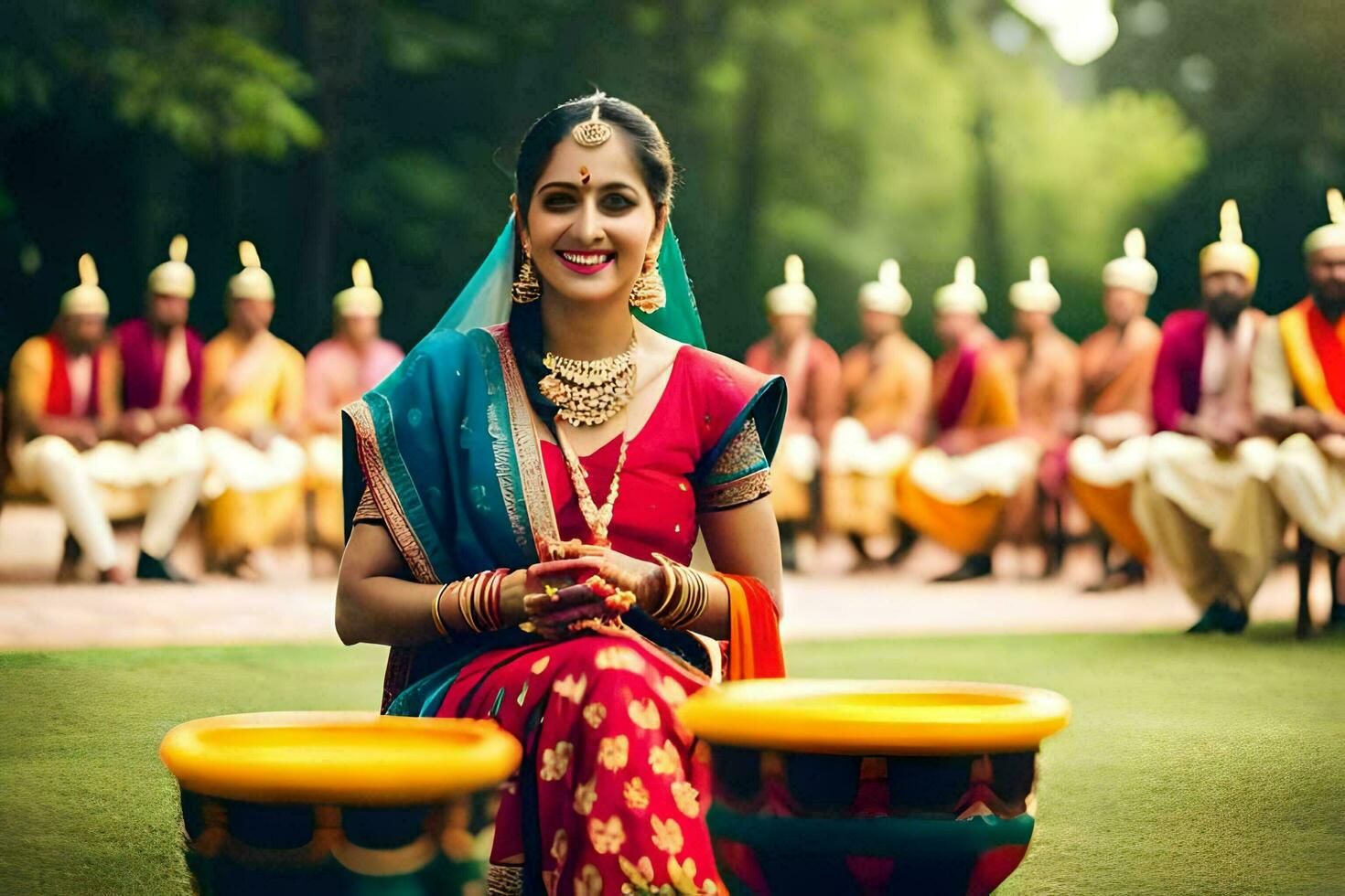 une femme dans traditionnel Indien tenue est assis sur le herbe avec une grand pot. généré par ai photo