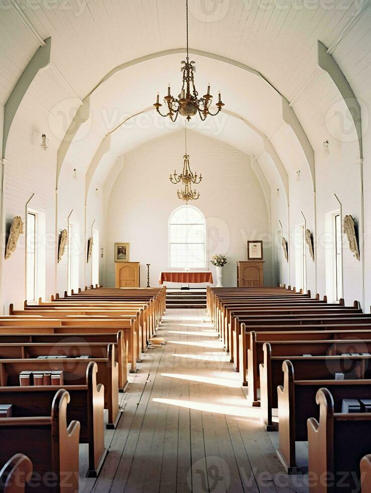 intérieur de un américain amish église génératif ai photo