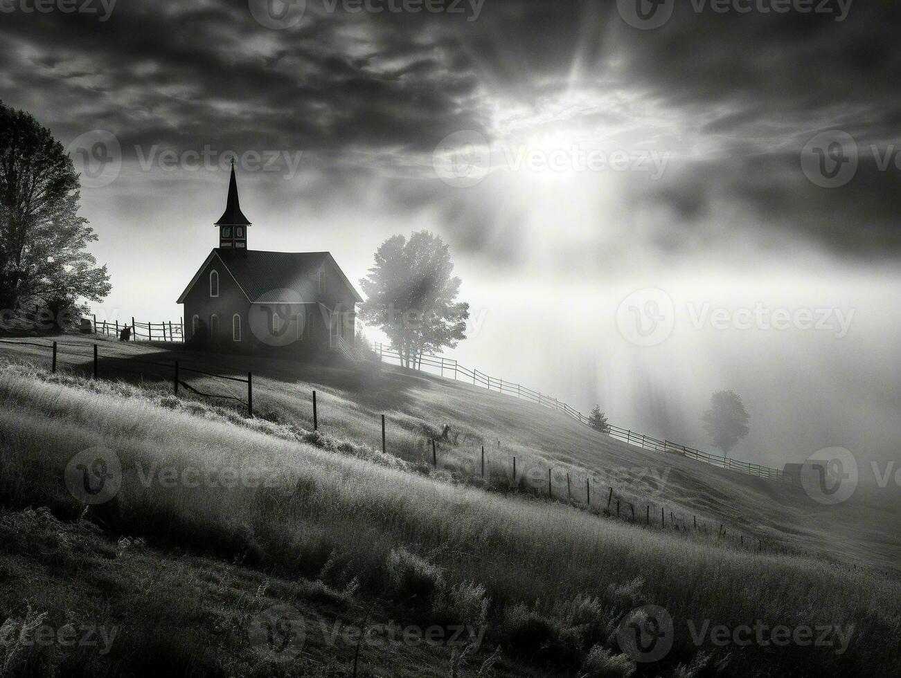 une petit église dans le campagne sur une brumeux Matin avec magnifique lumière du soleil dans devant, noir et blanc photo génératif ai