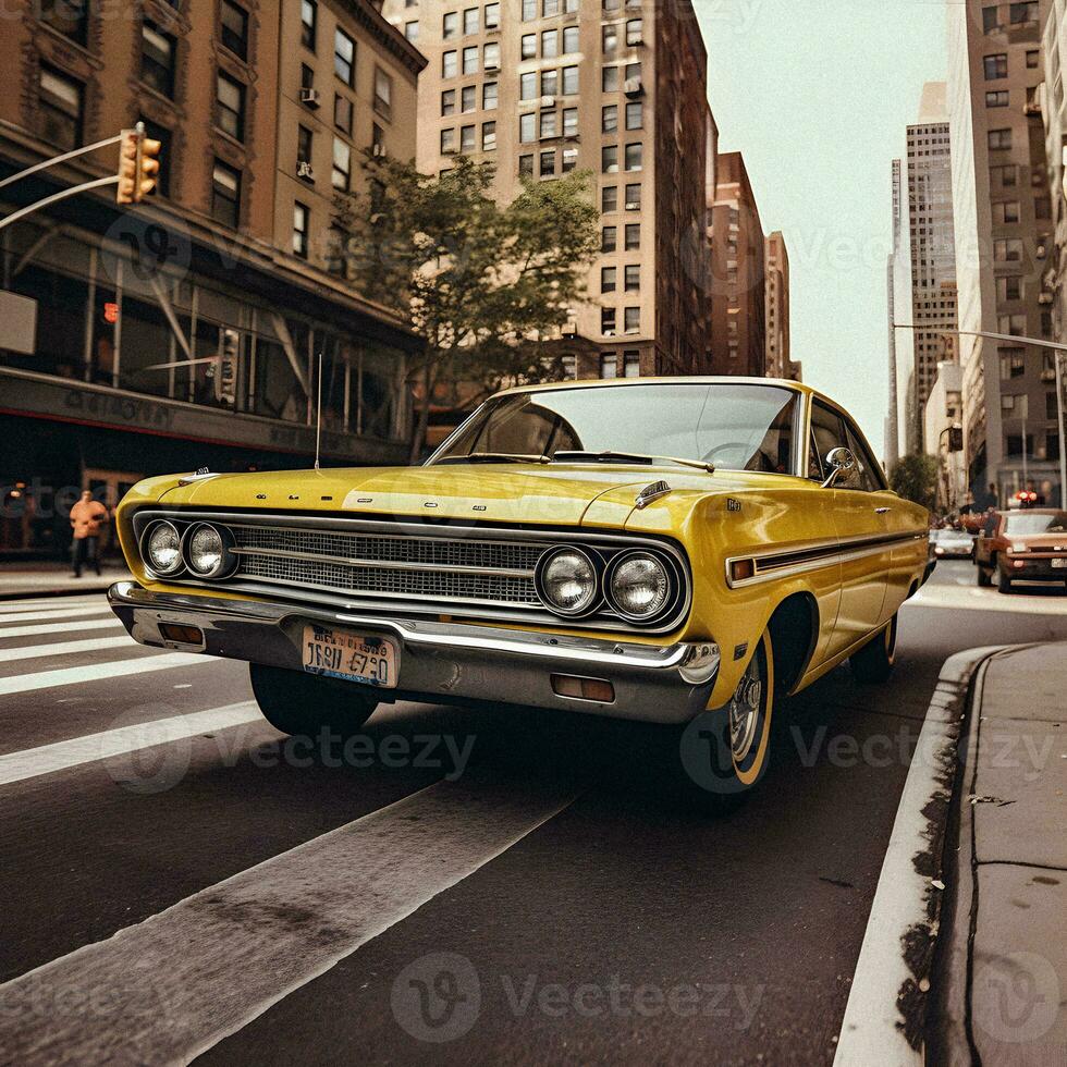 rétro Années 70 nyc Jaune taxi conduire. génératif ai. photo