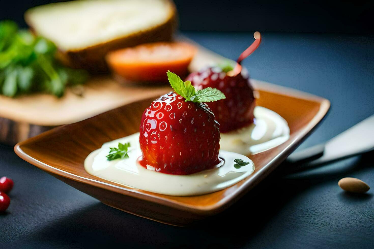 deux des fraises sont séance sur une assiette avec crème. généré par ai photo