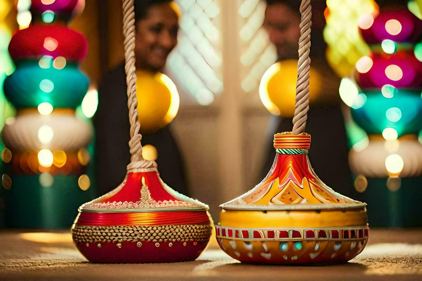 deux coloré des vases pendaison de une chaîne. généré par ai photo