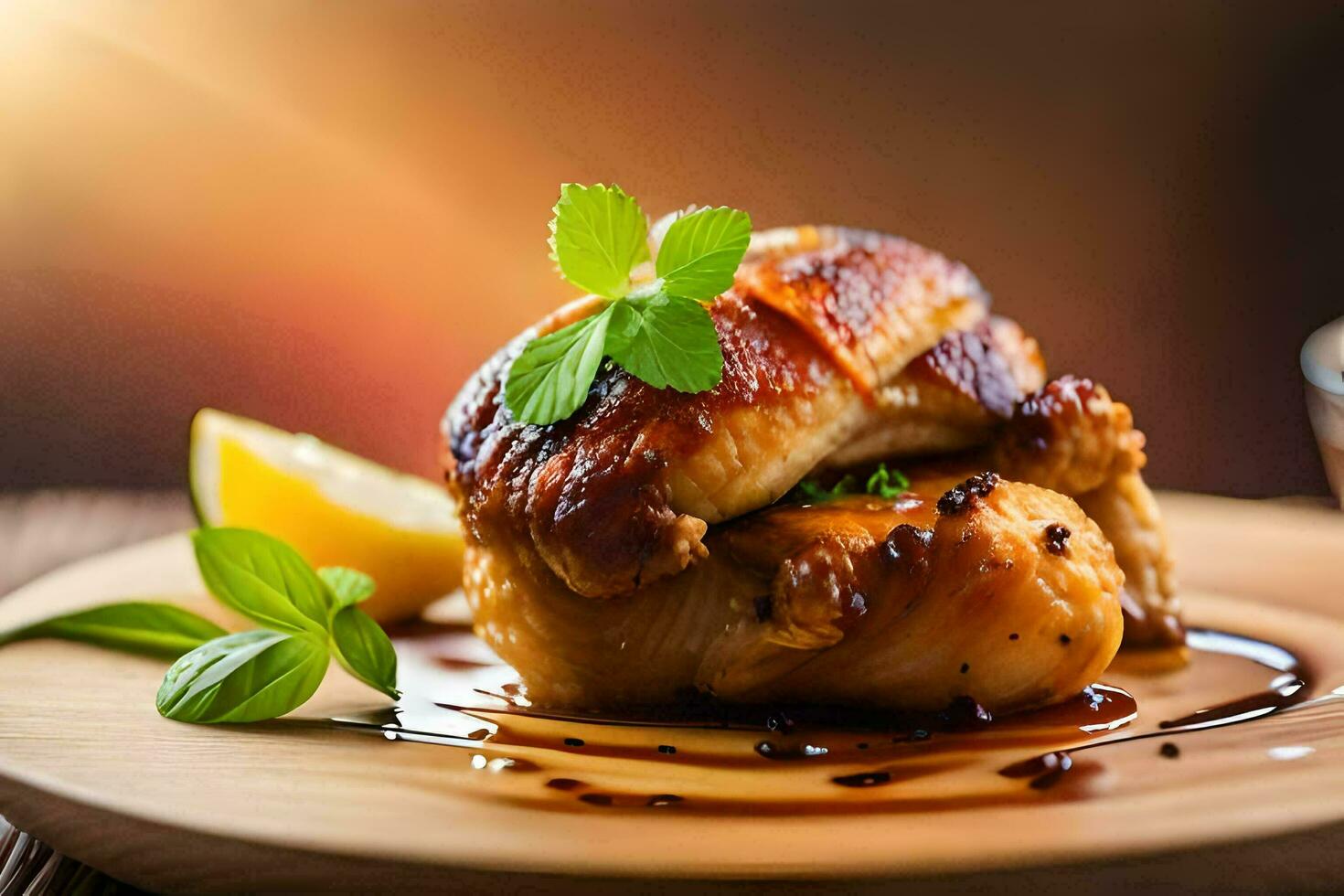 une poulet enveloppé dans Bacon et servi avec citron et menthe. généré par ai photo