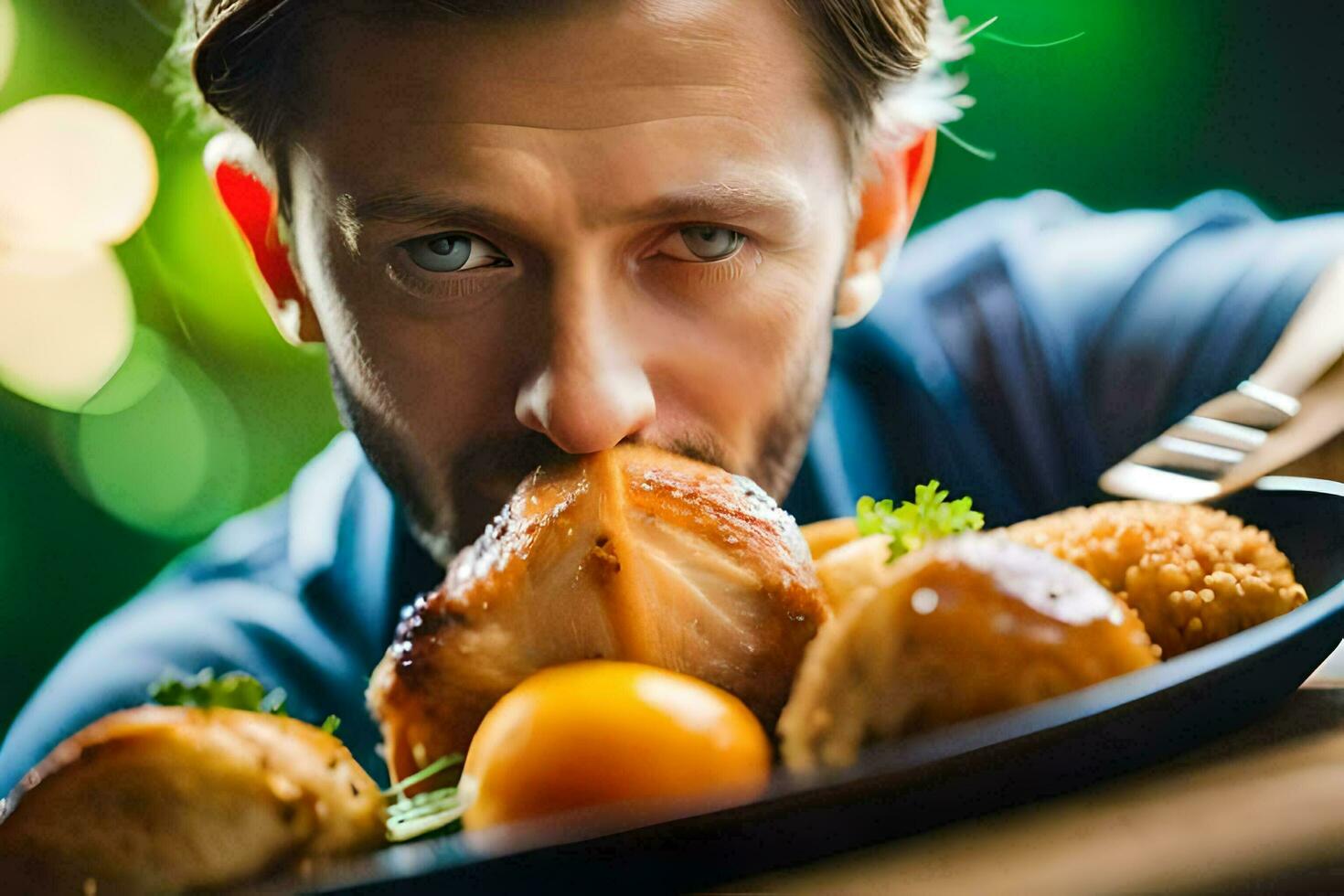 une homme est en mangeant une assiette de nourriture avec une couteau. généré par ai photo