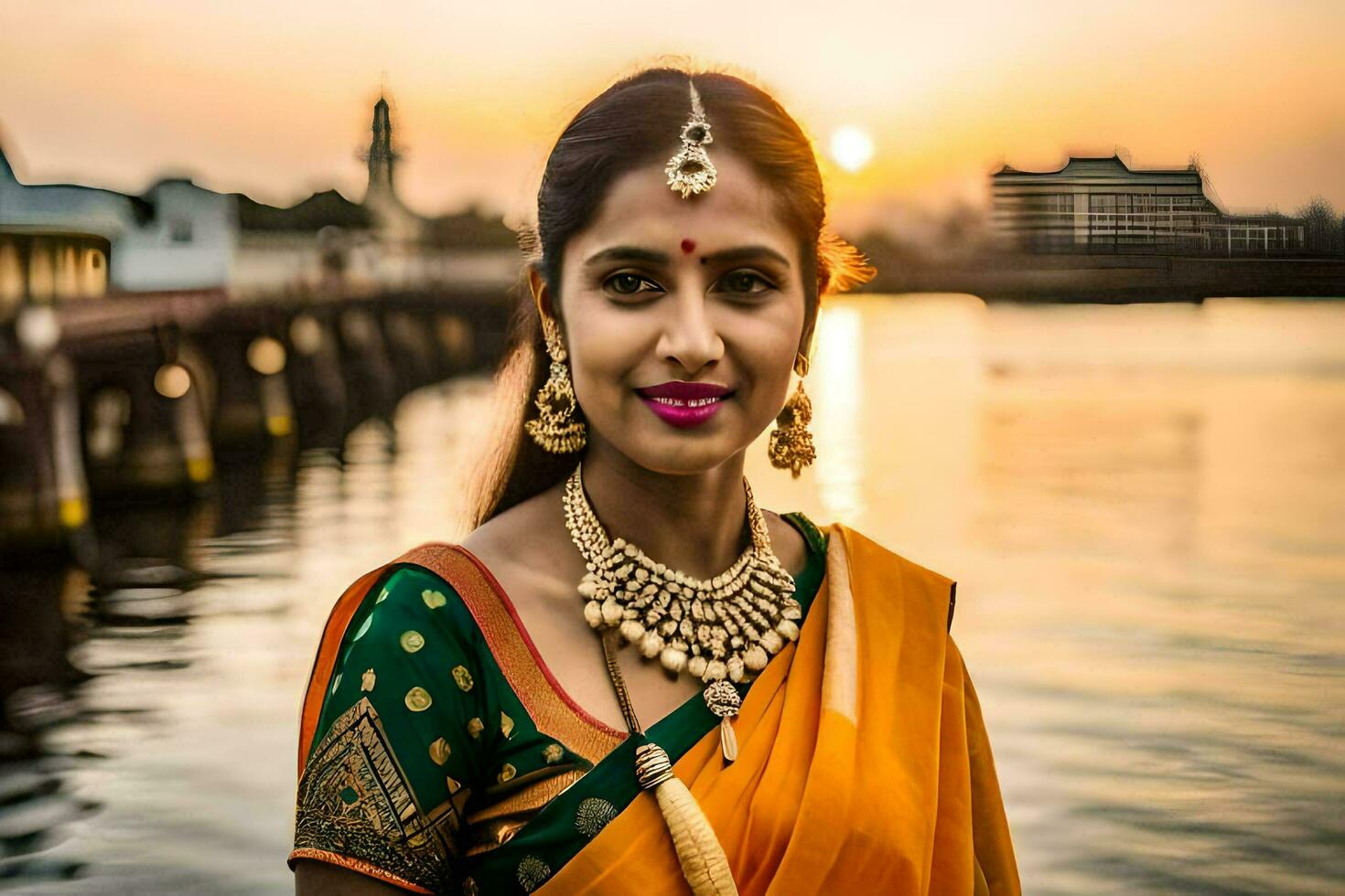 une magnifique Indien femme dans un Orange sari. généré par ai photo