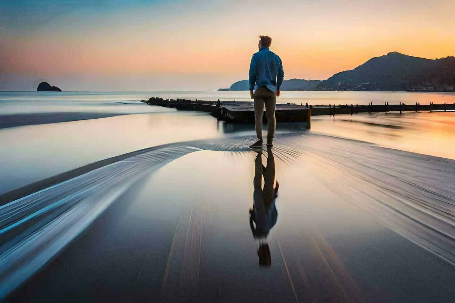 une homme permanent sur le plage à le coucher du soleil. généré par ai photo