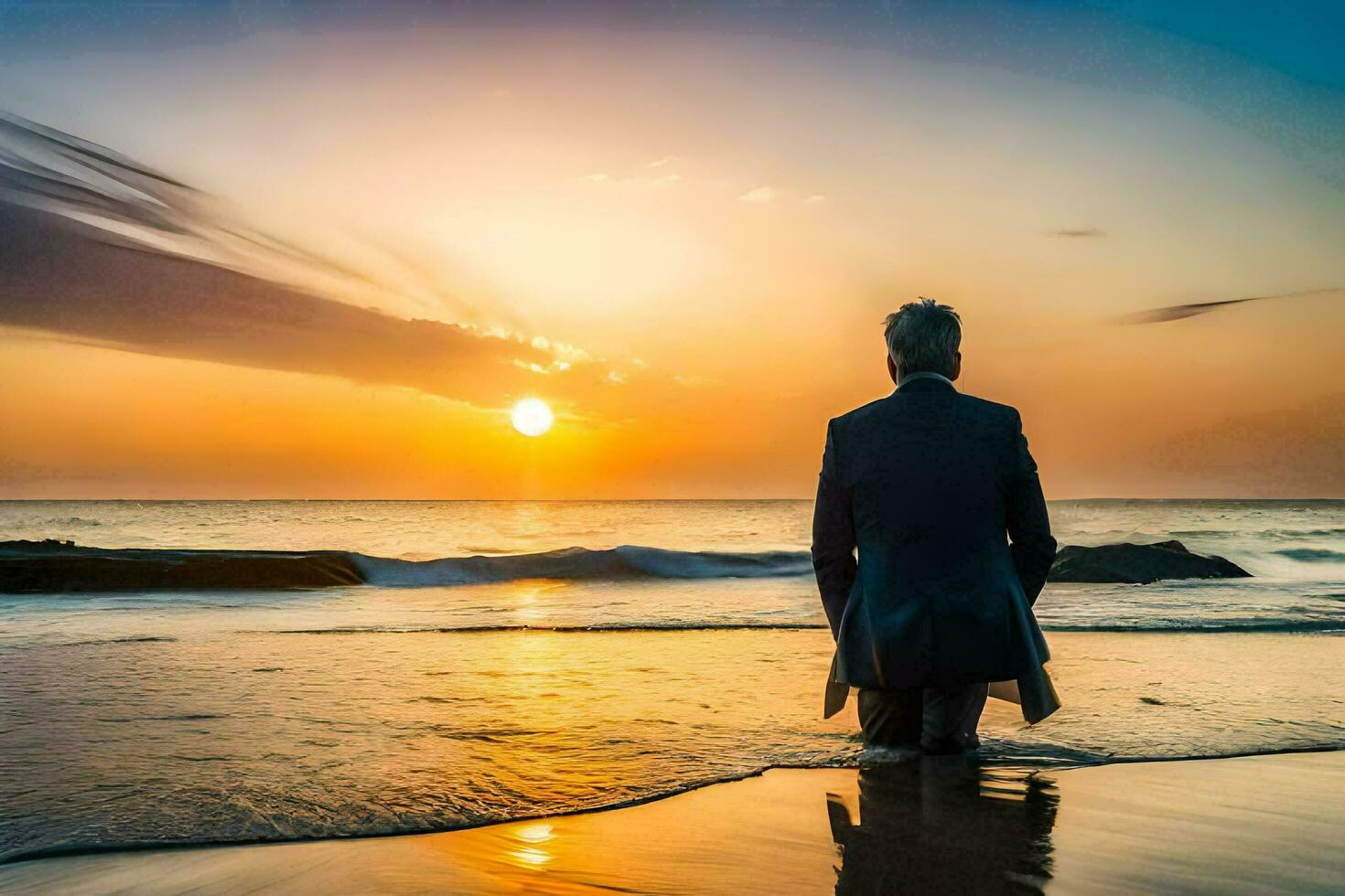 une homme dans une costume des stands sur le plage à le coucher du soleil. généré par ai photo