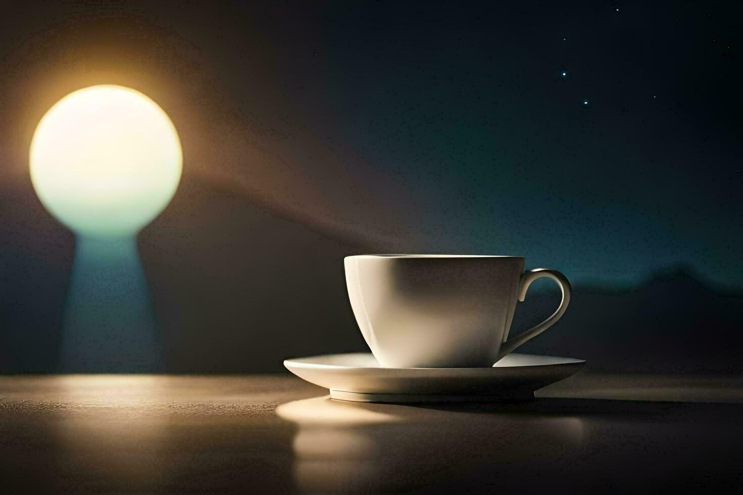 une tasse de café sur une table dans de face de une plein lune. généré par ai photo