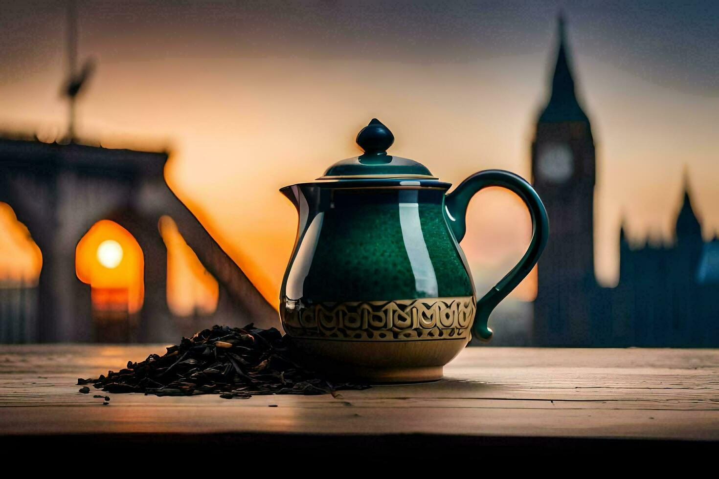 le thé pot et le pont. généré par ai photo