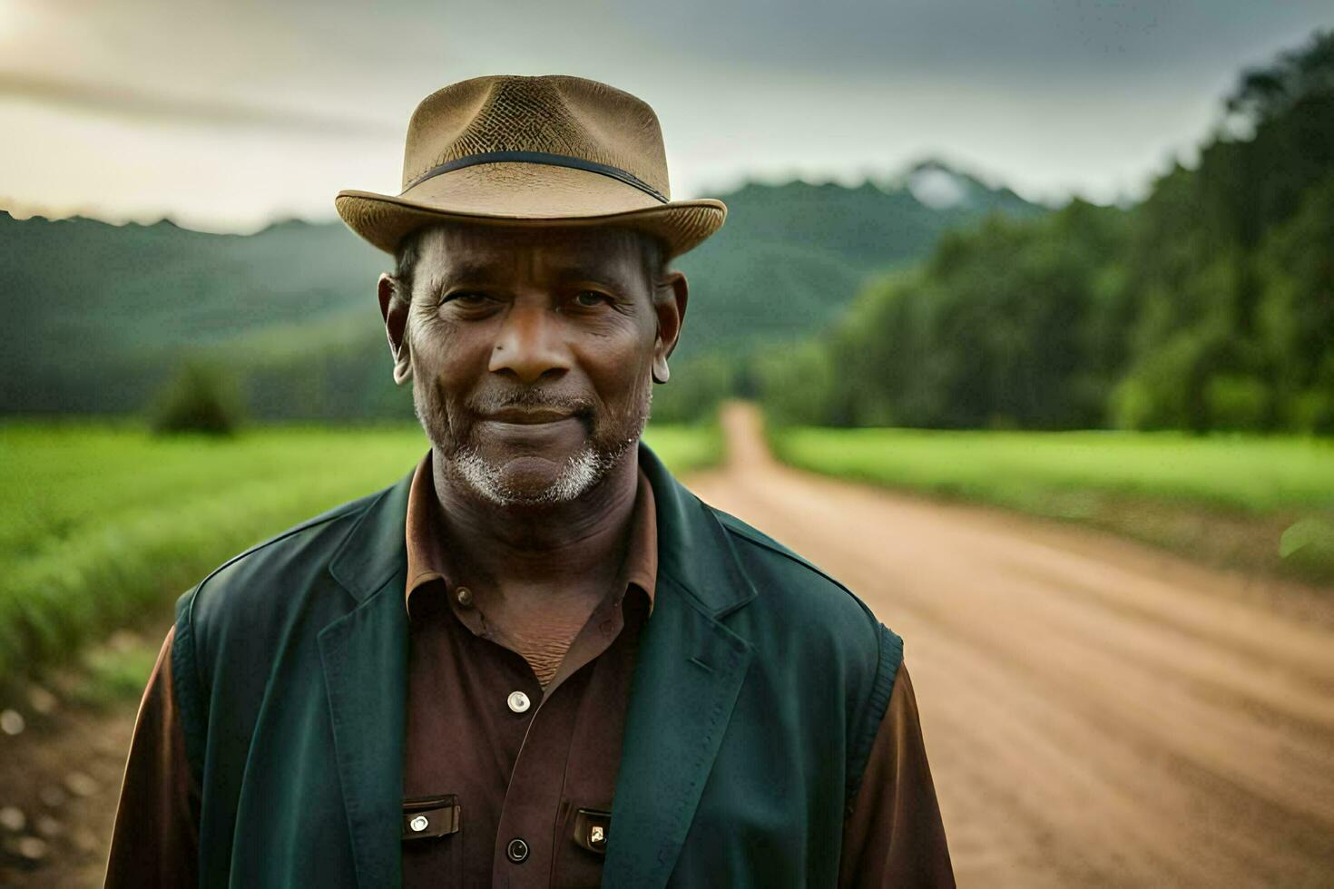 une homme dans une chapeau permanent sur une saleté route. généré par ai photo