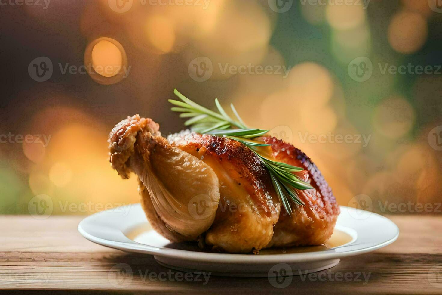 une poulet sur une assiette avec Romarin brins. généré par ai photo