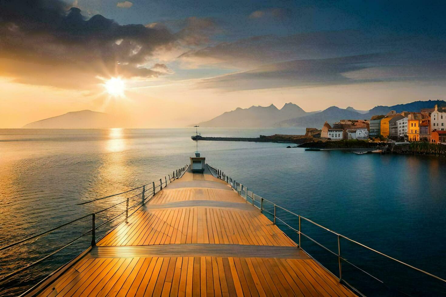 le Soleil monte plus de le mer et montagnes dans cette photo. généré par ai photo