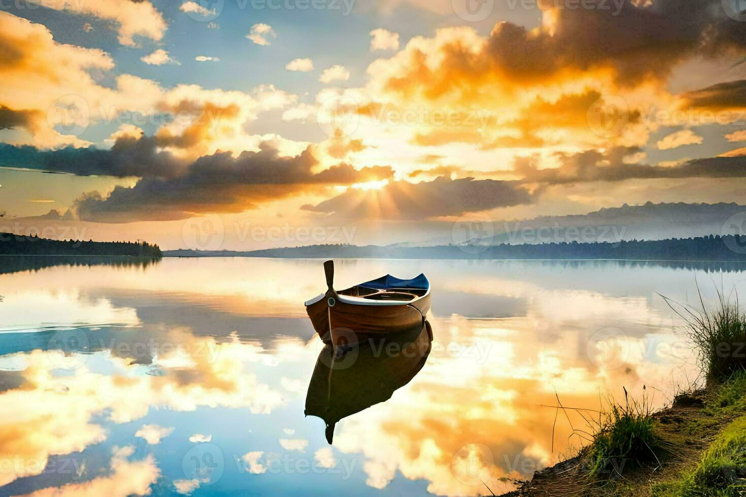 une bateau est séance sur le rive de une Lac à le coucher du soleil. généré par ai photo