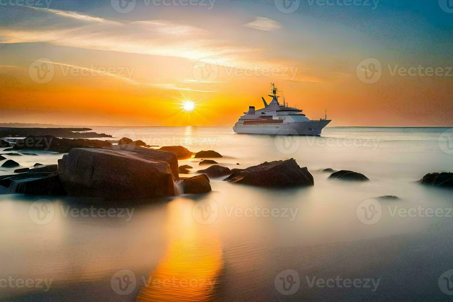 une croisière navire dans le océan à le coucher du soleil. généré par ai photo