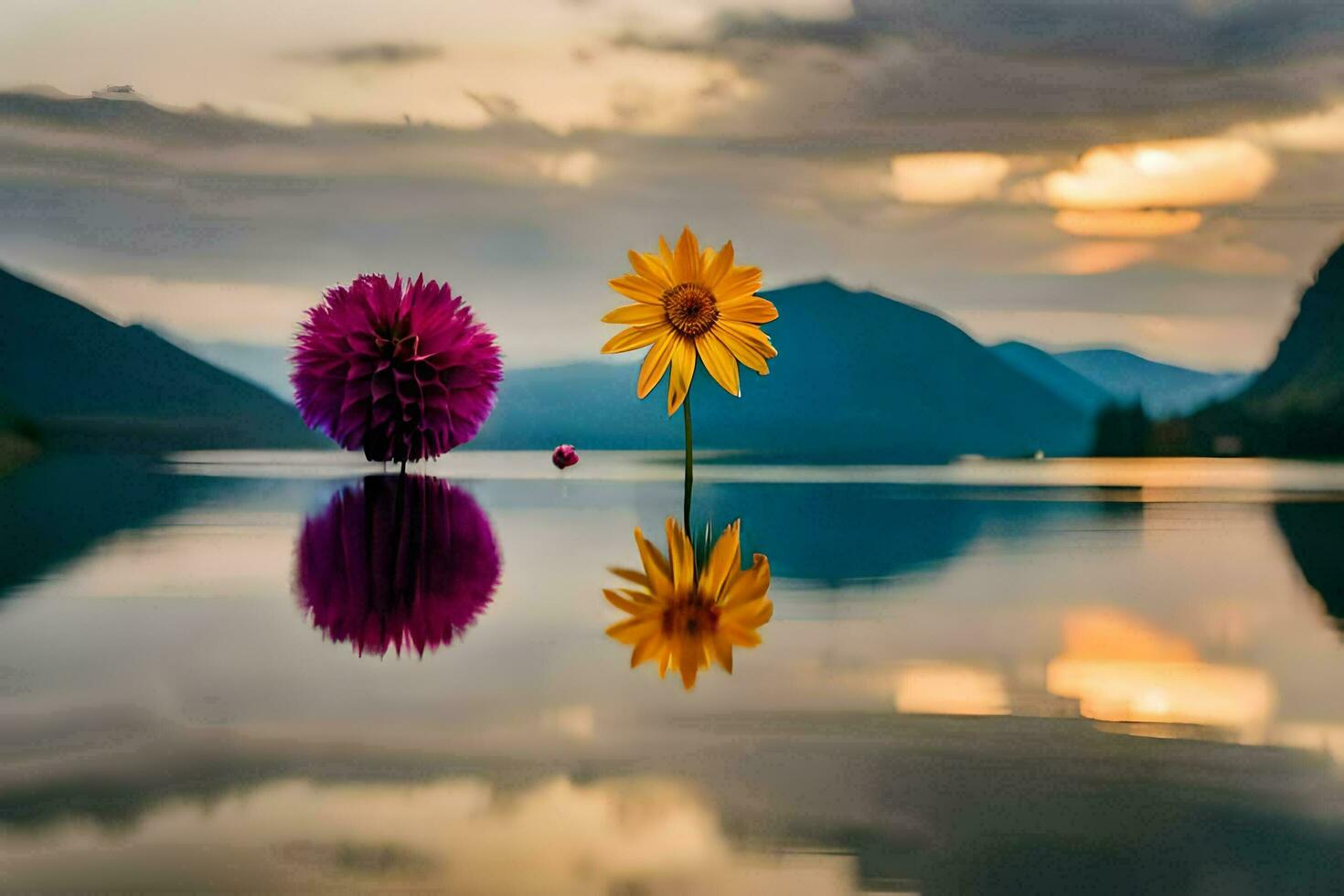 deux fleurs sont réfléchi dans le l'eau. généré par ai photo