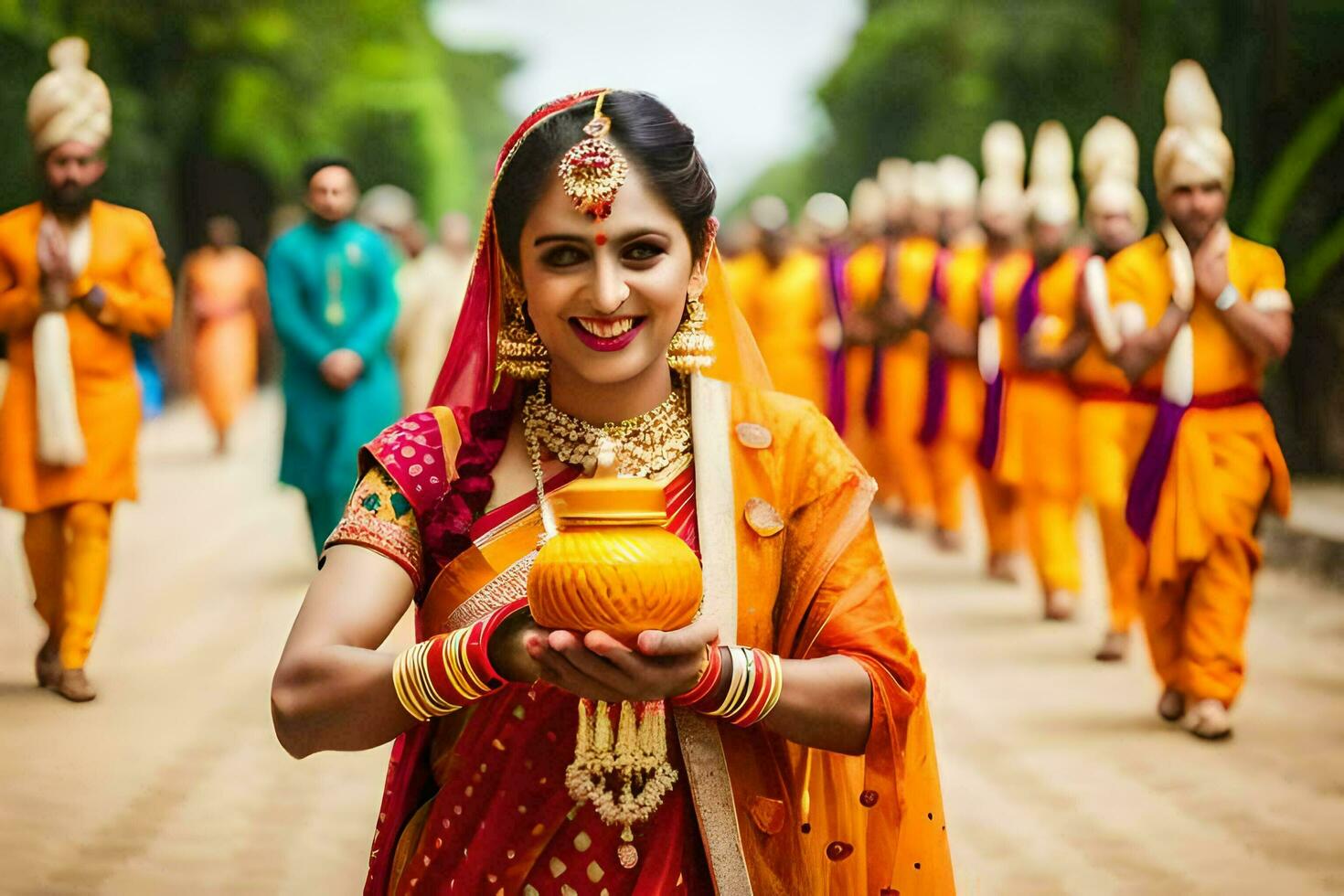 une femme dans traditionnel Indien tenue en portant une pot. généré par ai photo