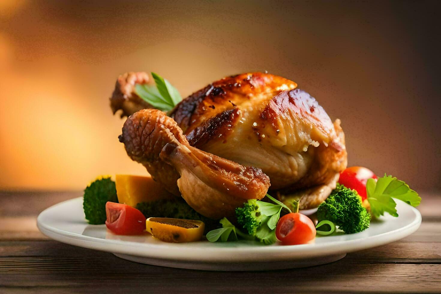 une poulet sur une assiette avec des légumes et tomates. généré par ai photo