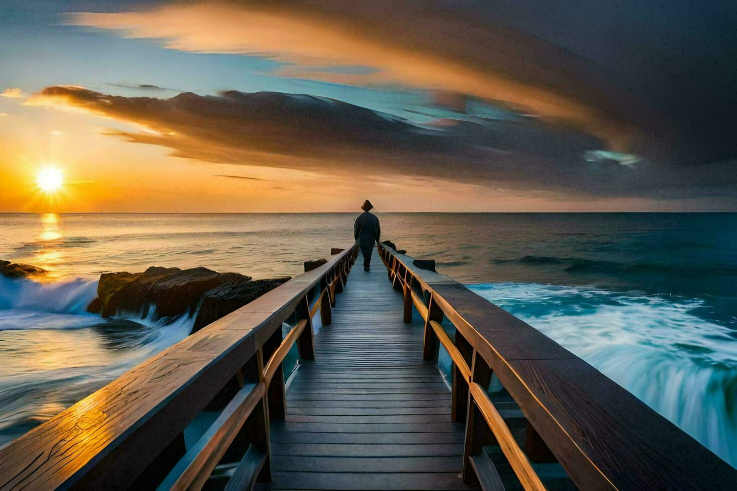 une homme des stands sur une en bois pont surplombant le océan à le coucher du soleil. généré par ai photo