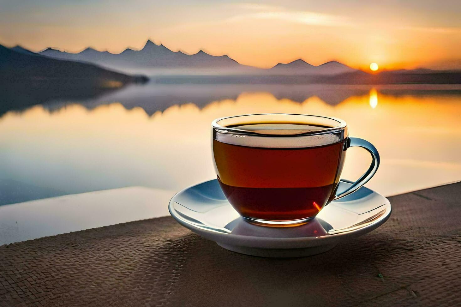 une tasse de thé sur une lac. généré par ai photo