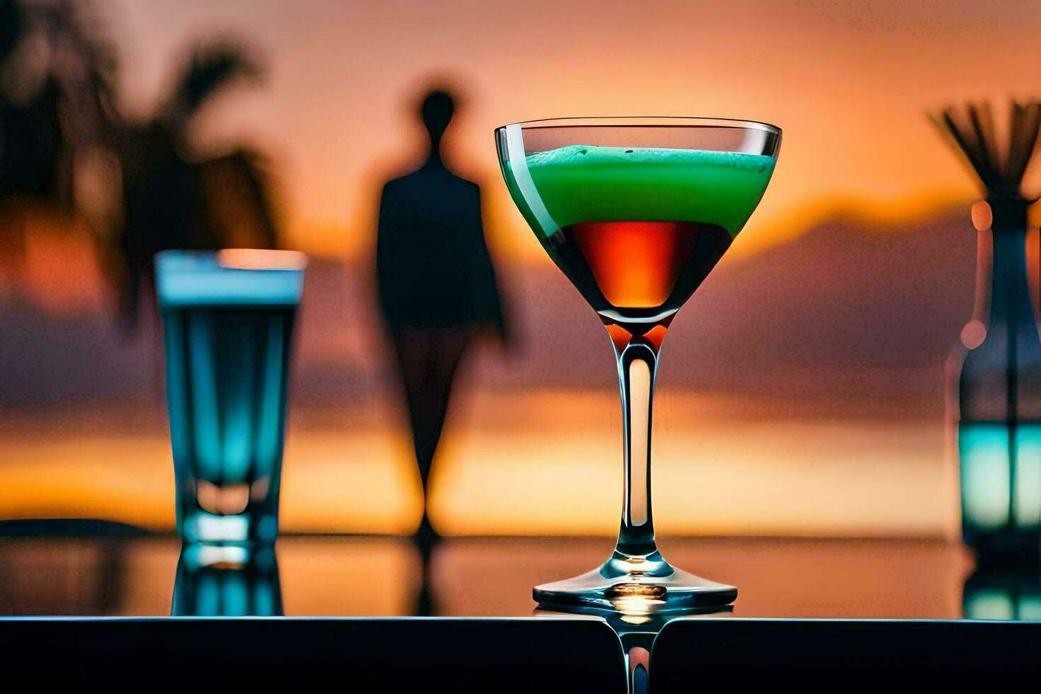 une cocktail sur une bar table avec une le coucher du soleil dans le Contexte. généré par ai photo