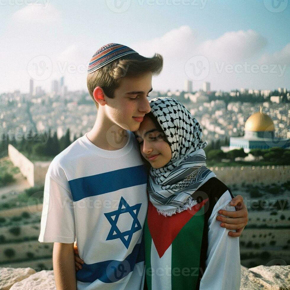 Jeune couple dans l'amour symbole de paix et réconciliation dans Jérusalem. génératif ai. photo