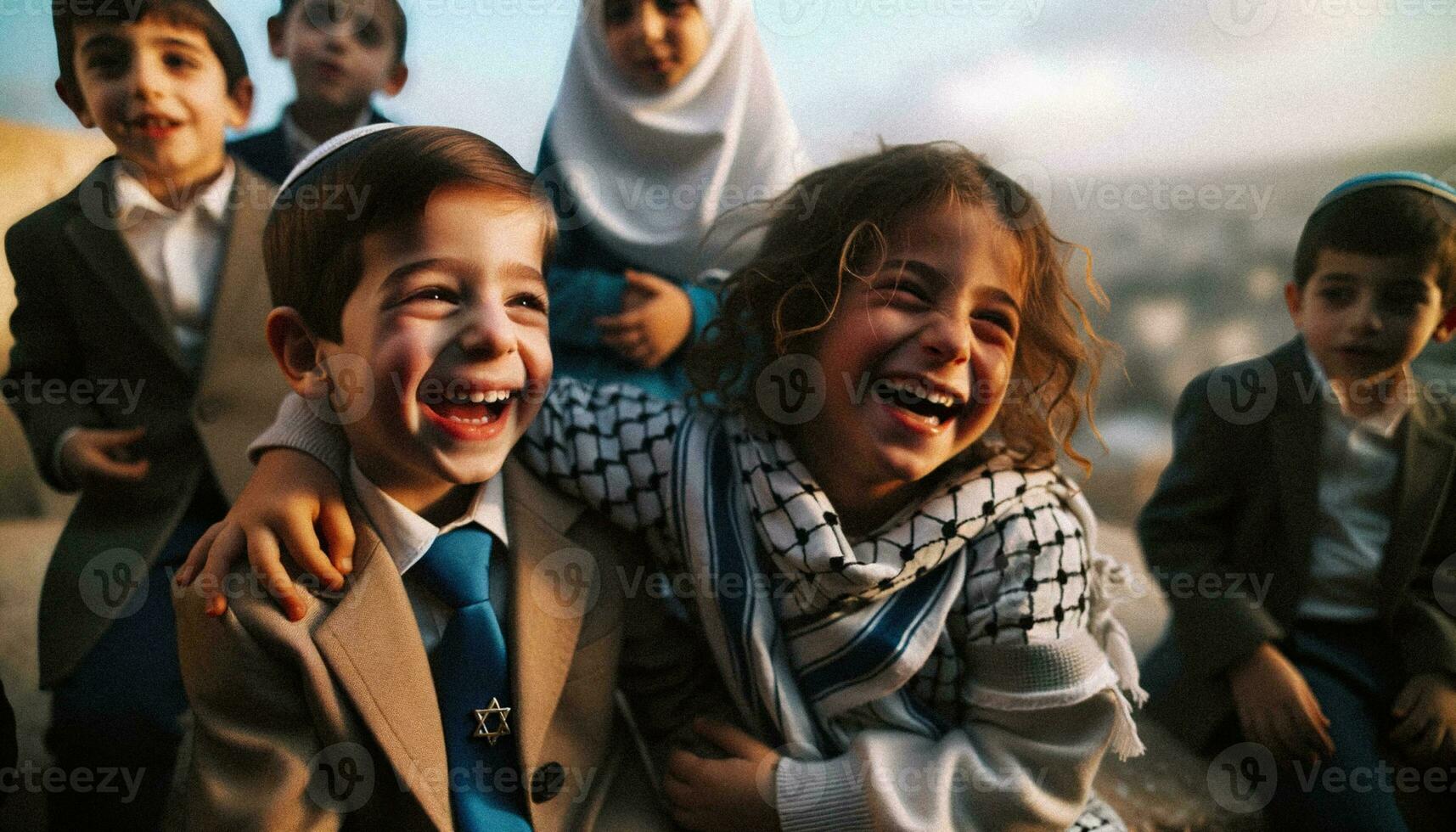 Titre juif et palestinien les enfants symboles de amitié, paix, et réconciliation. génératif ai. photo