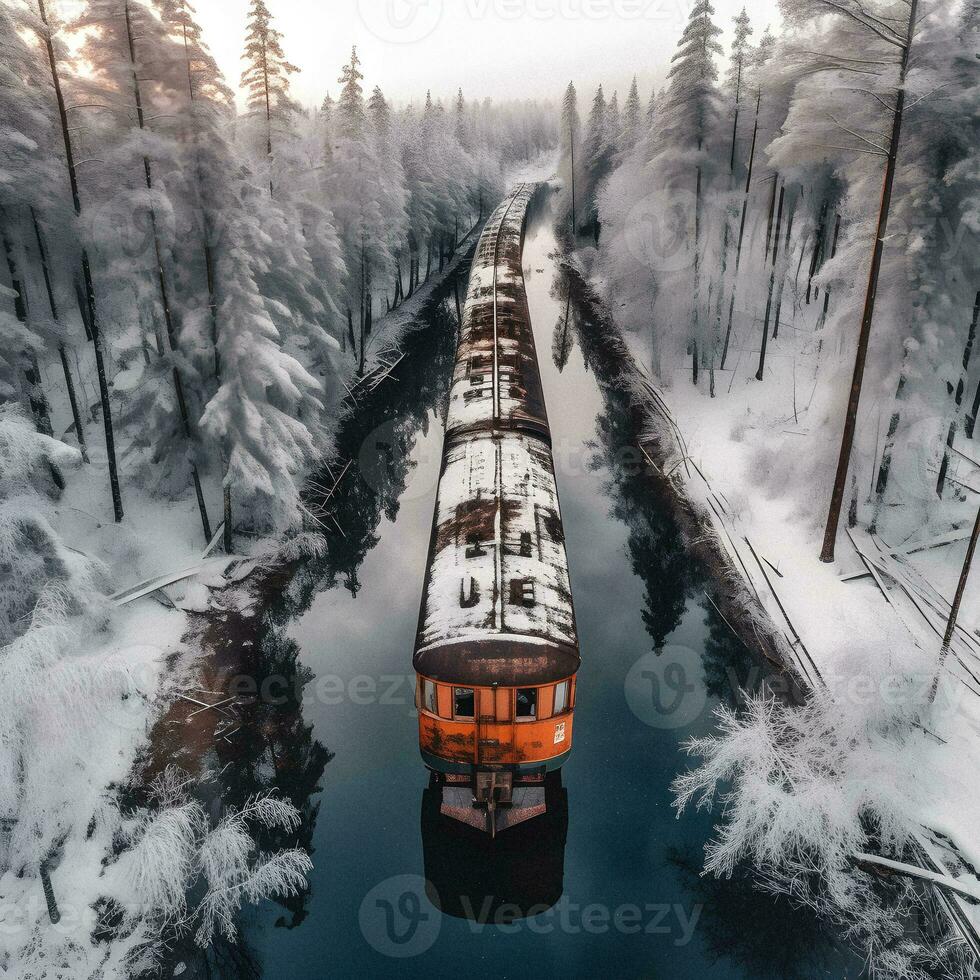 aérien vue de train dans neigeux hiver forêt. génératif ai. photo