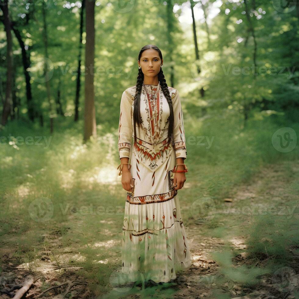 généré par ai portrait de Nord américain originaire de femme dans traditionnel tenue photo