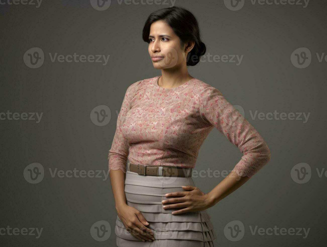 mexicain femme apparaît à être dans douleur sur gris Contexte ai génératif photo