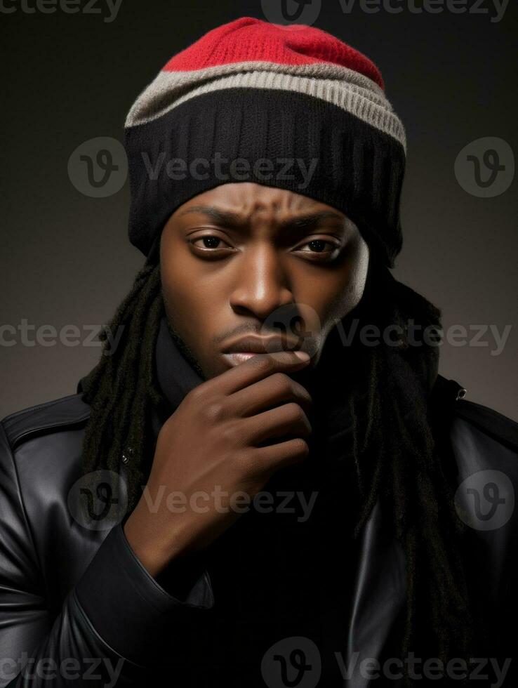 africain homme est montré Souffrance de du froid avec qui coule nez sur gris Contexte ai génératif photo