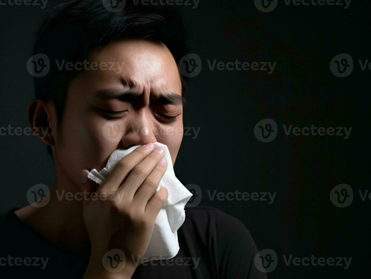 asiatique homme est montré Souffrance de du froid avec qui coule nez sur gris Contexte ai génératif photo