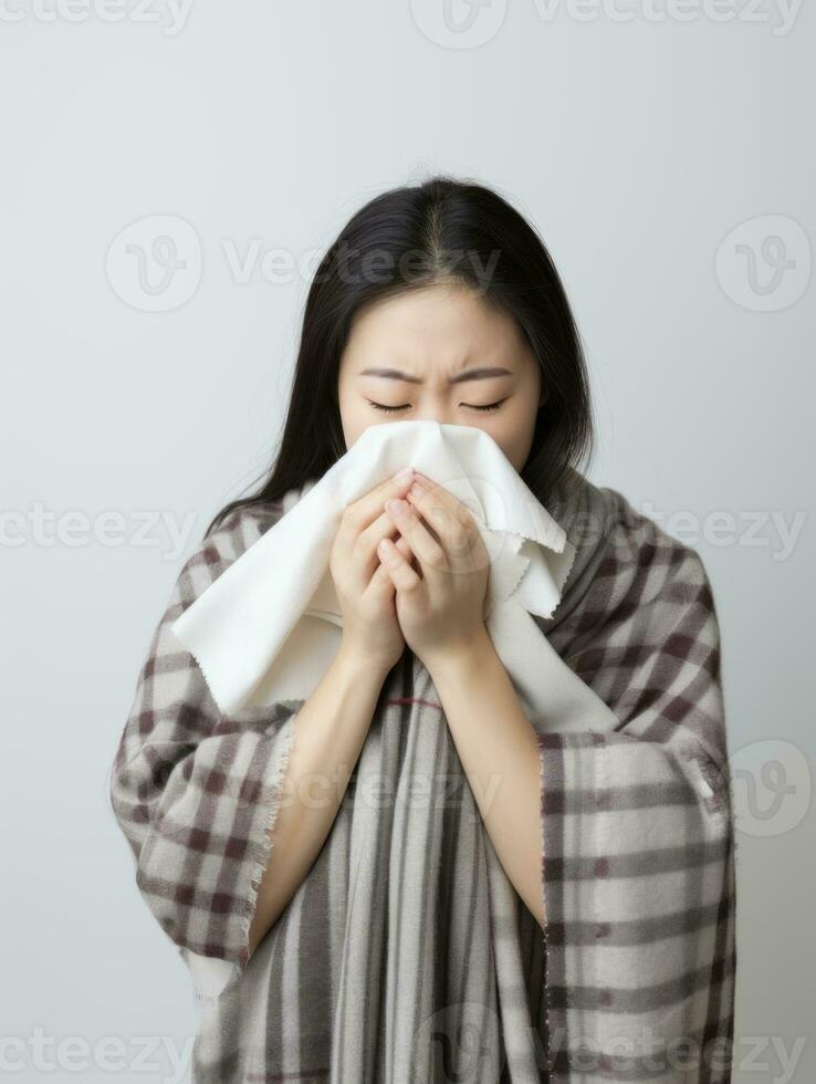 asiatique femme est montré Souffrance de du froid avec qui coule nez sur gris Contexte ai génératif photo