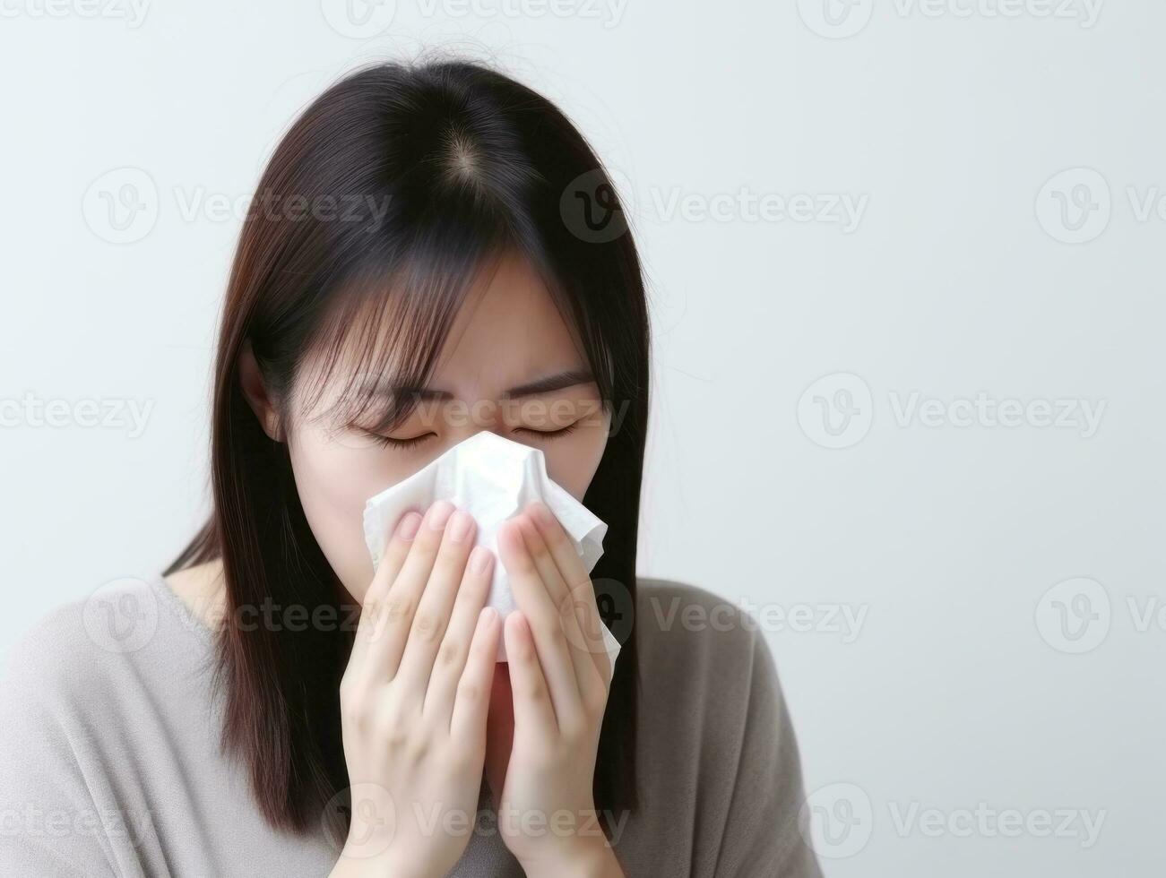 asiatique femme est montré Souffrance de du froid avec qui coule nez sur gris Contexte ai génératif photo