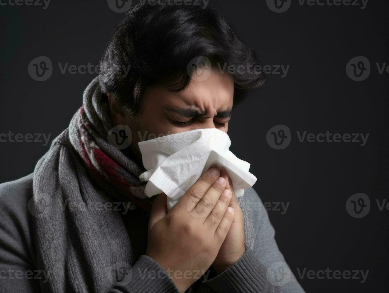 mexicain homme est montré Souffrance de du froid avec qui coule nez sur gris Contexte ai génératif photo