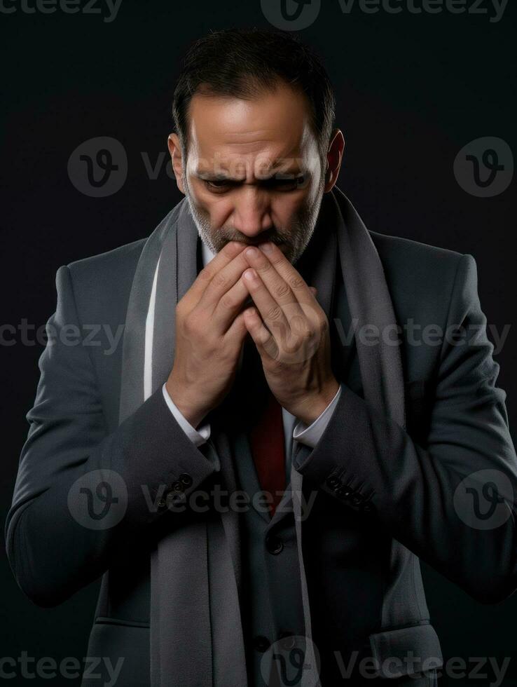 mexicain homme est montré Souffrance de du froid avec qui coule nez sur gris Contexte ai génératif photo