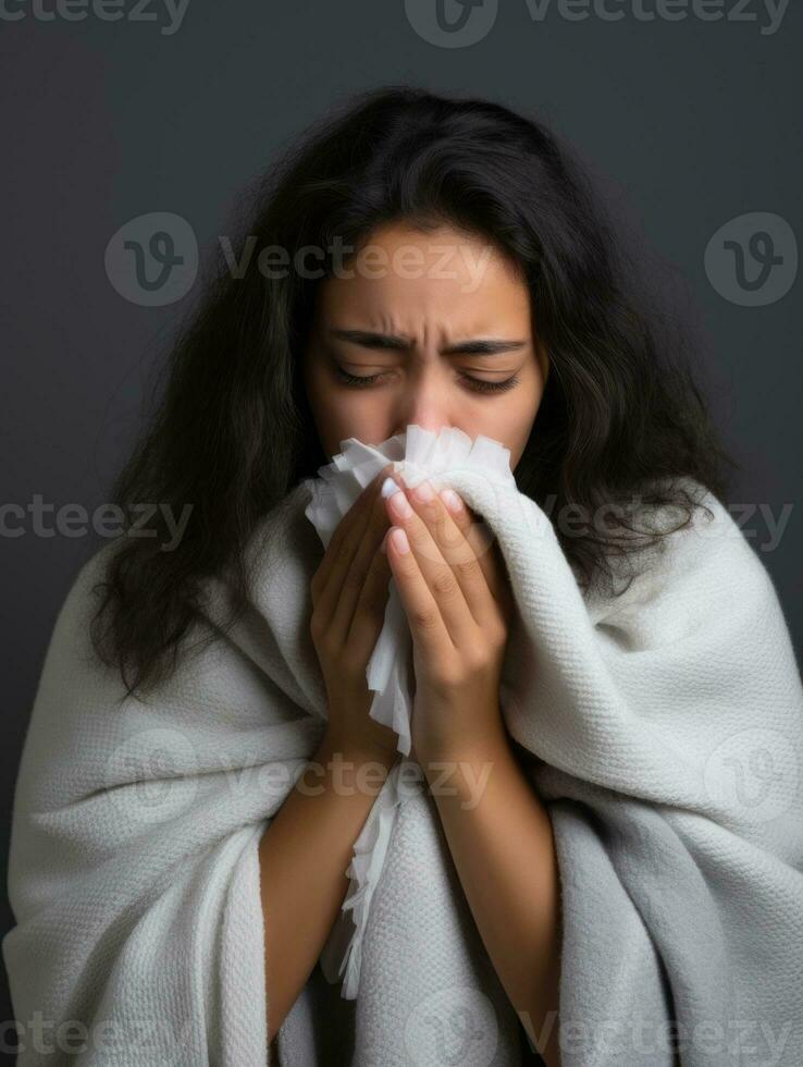 mexicain femme est montré Souffrance de du froid avec qui coule nez sur gris Contexte ai génératif photo