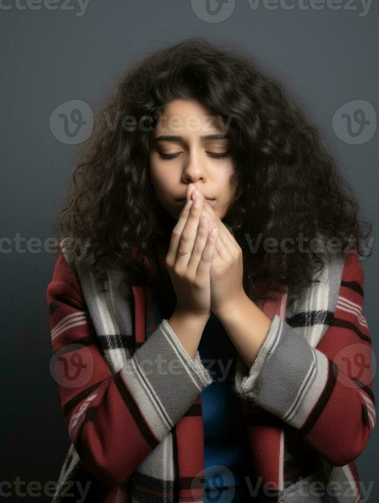 mexicain femme est montré Souffrance de du froid avec qui coule nez sur gris Contexte ai génératif photo