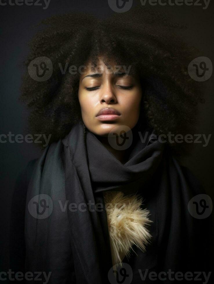 africain femme est montré Souffrance de du froid avec qui coule nez sur gris Contexte ai génératif photo