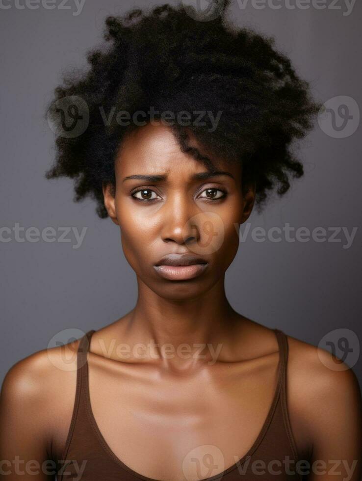 africain femme est triste sur une minimaliste neutre Contexte ai génératif photo