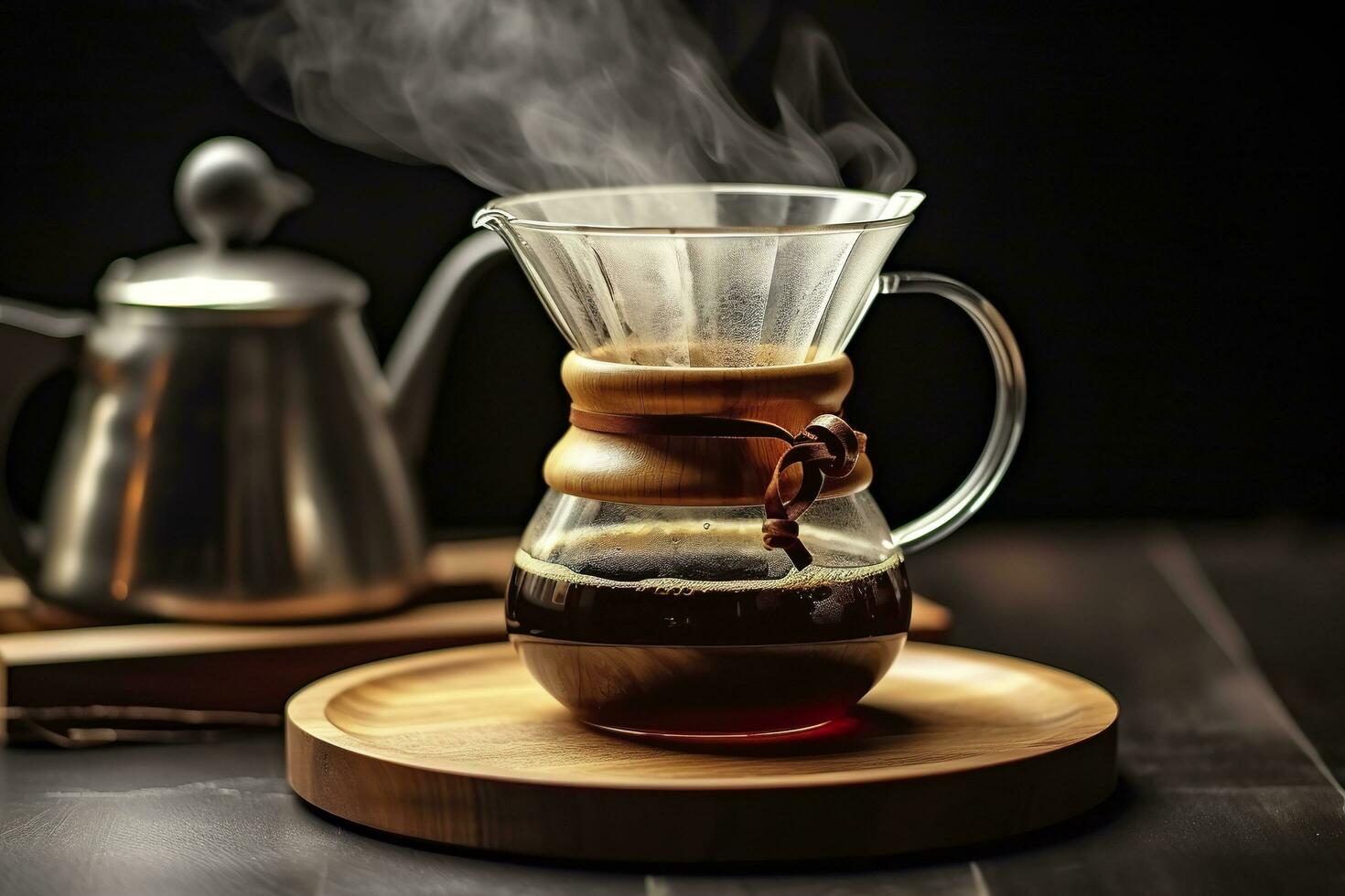 un alternative café brassage méthode est pur sur, une verre théière sur une en bois plateau. génératif ai photo