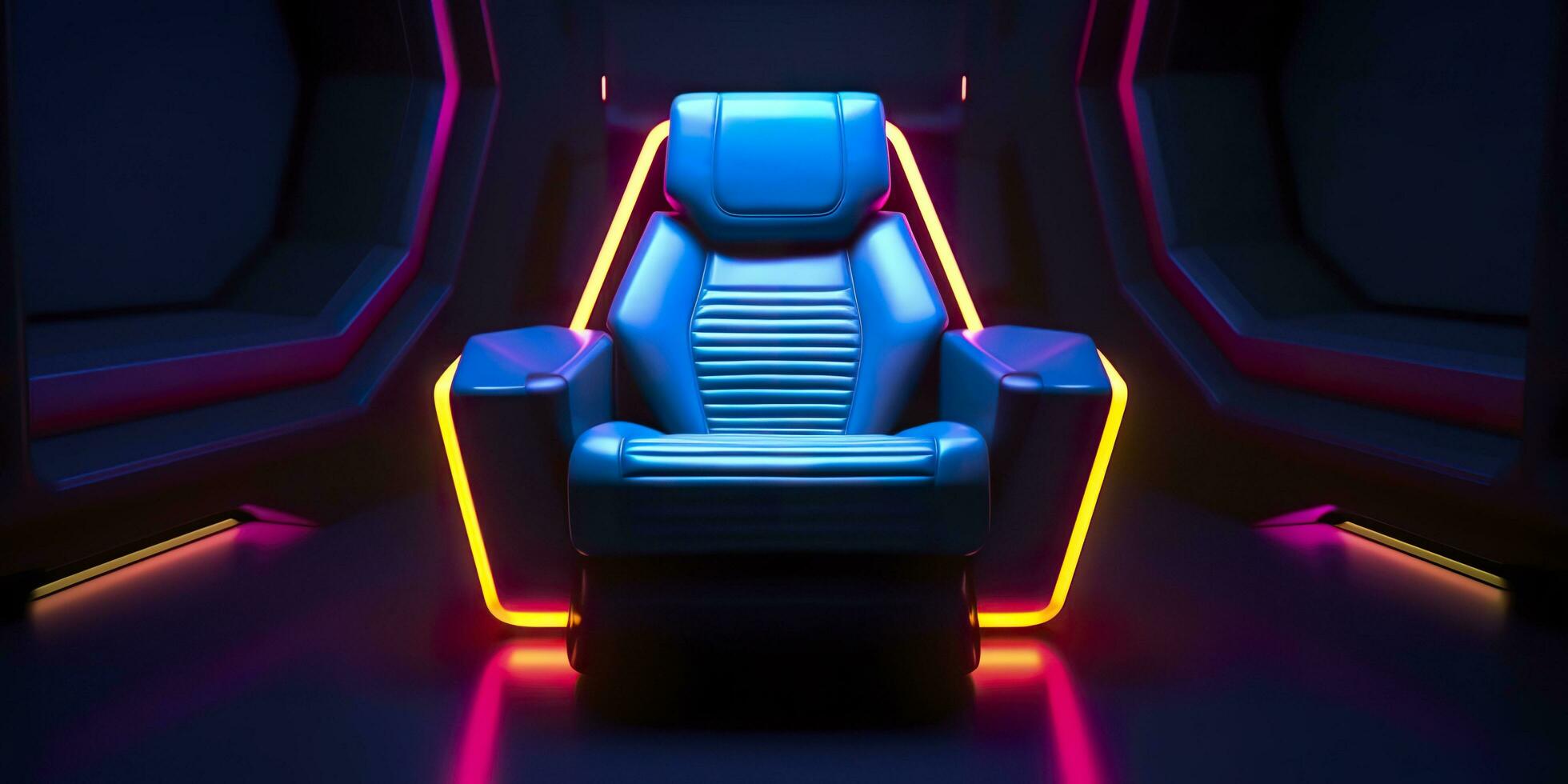 Années 80 inspiré capitaine chaise de étoile randonnée avec néon lumières et cockpit intérieur Contexte. ai génératif photo