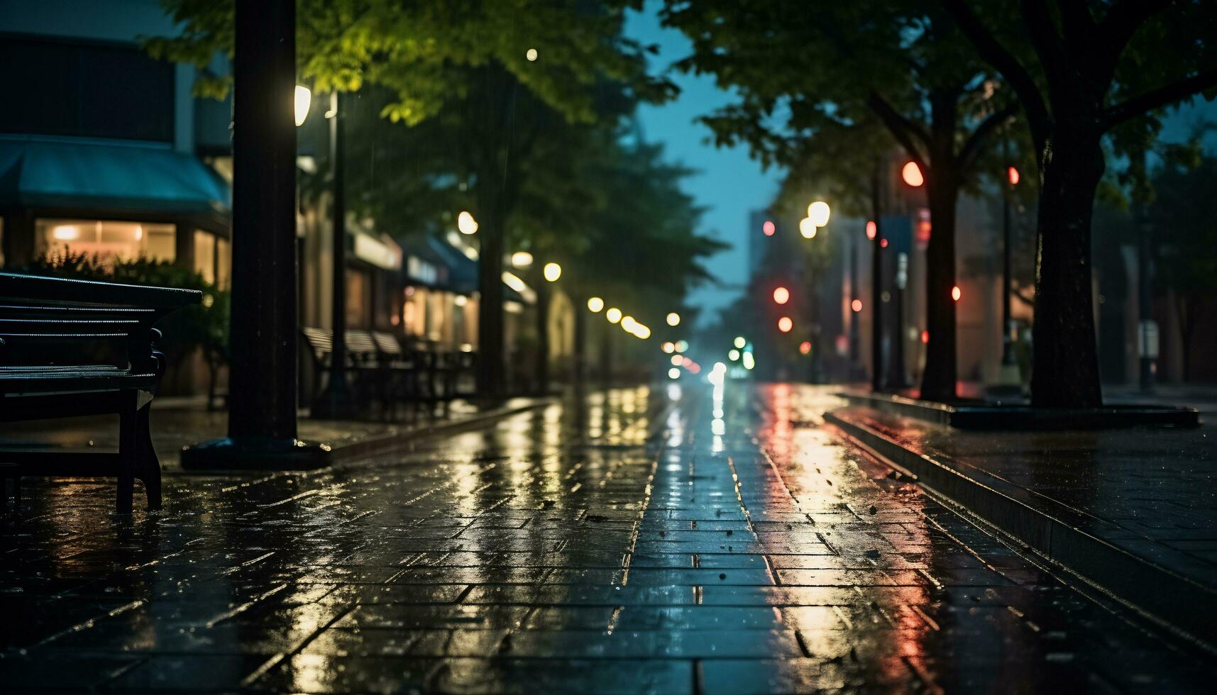 trottoir à nuit après pluie avec humide des rues ai génératif photo