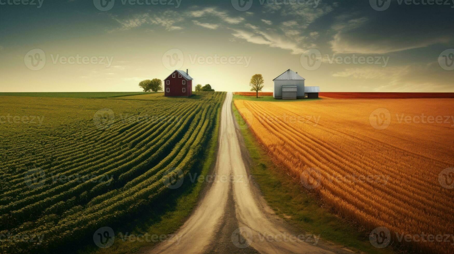 2 fermes divisé par une route ai généré photo