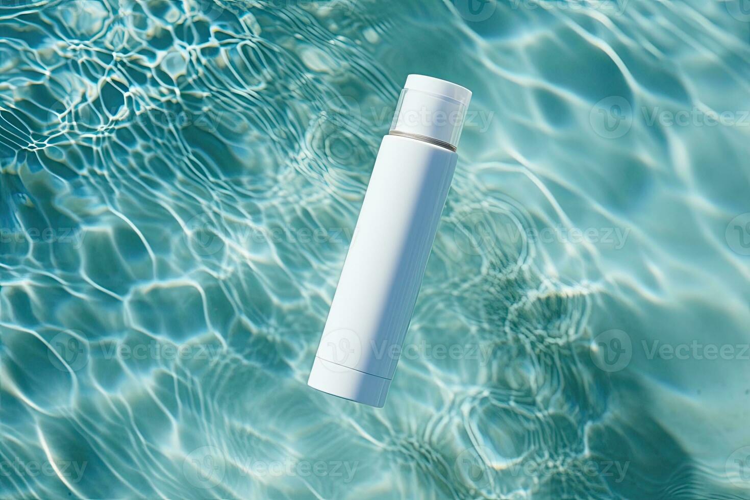 blanc Vide cosmétique bouteille tube moquer en haut mensonges sur le l'eau surface. génératif ai photo