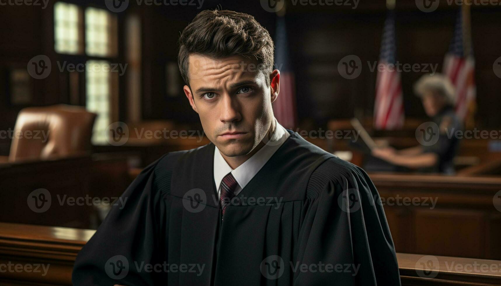 une Masculin avocat des stands en toute confiance dans le salle d'audience, une portrait capturer le sien professionnalisme et dévouement à le loi. génératif ai. photo