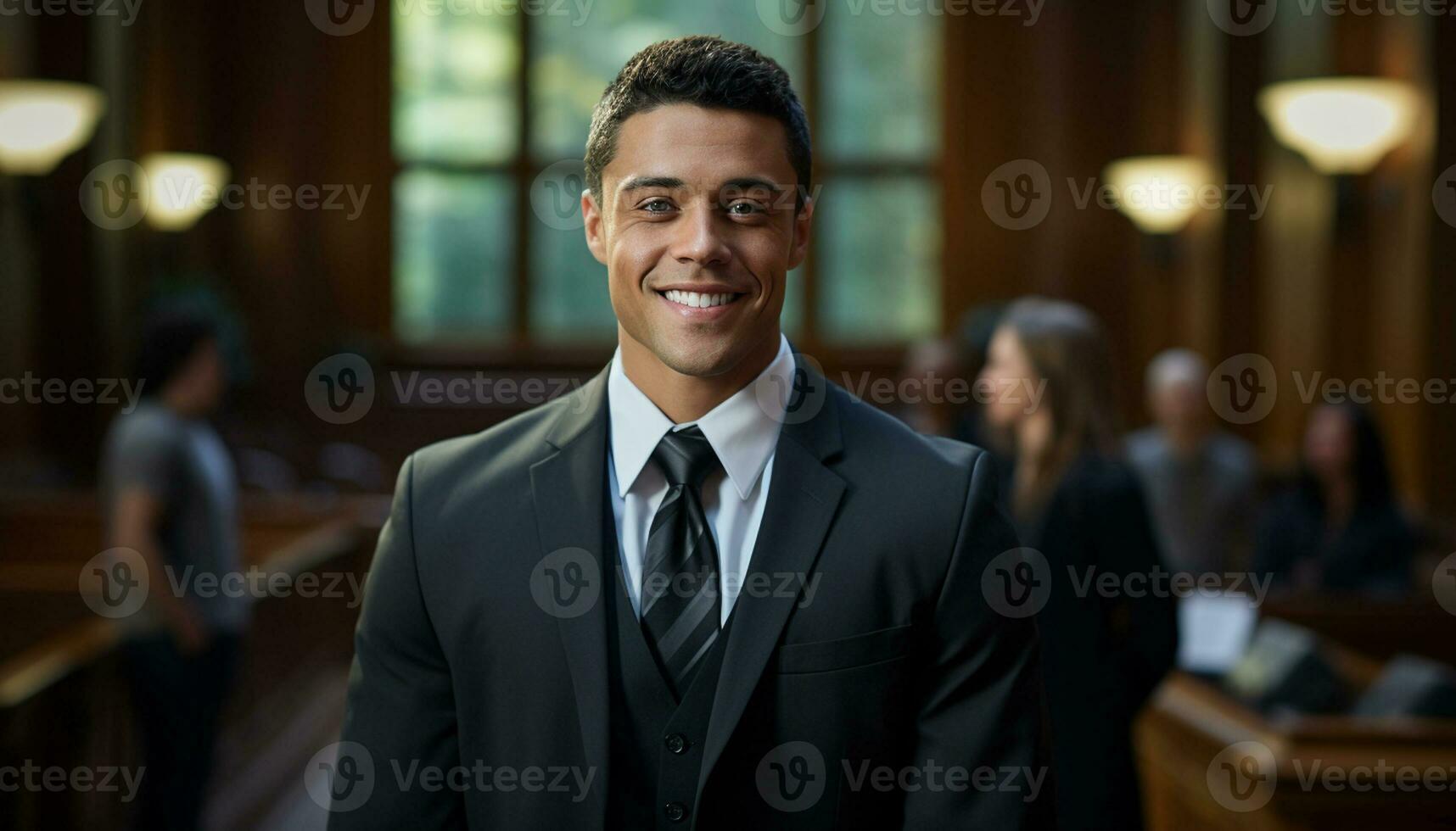 une Masculin avocat des stands en toute confiance dans le salle d'audience, une portrait capturer le sien professionnalisme et dévouement à le loi. génératif ai. photo