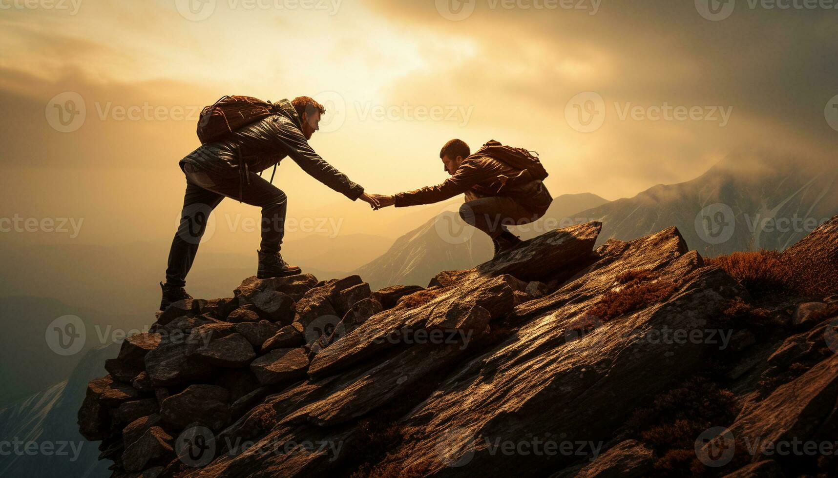 une alpiniste atteint en dehors une portion main à le sien coéquipier, démontrant le importance de travail en équipe et motivation dans réalisation Succès dans le visage de difficile conditions. génératif ai photo