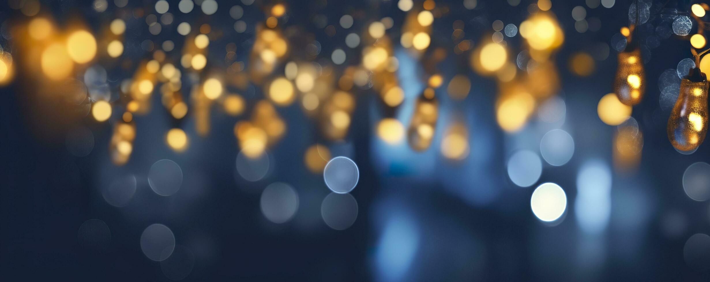 vacances éclairage et décoration concept, Noël guirlande bokeh lumières plus de foncé bleu Contexte. ai généré photo